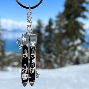 Fun Silver Skis & Poles Keychain or Backpack Charm